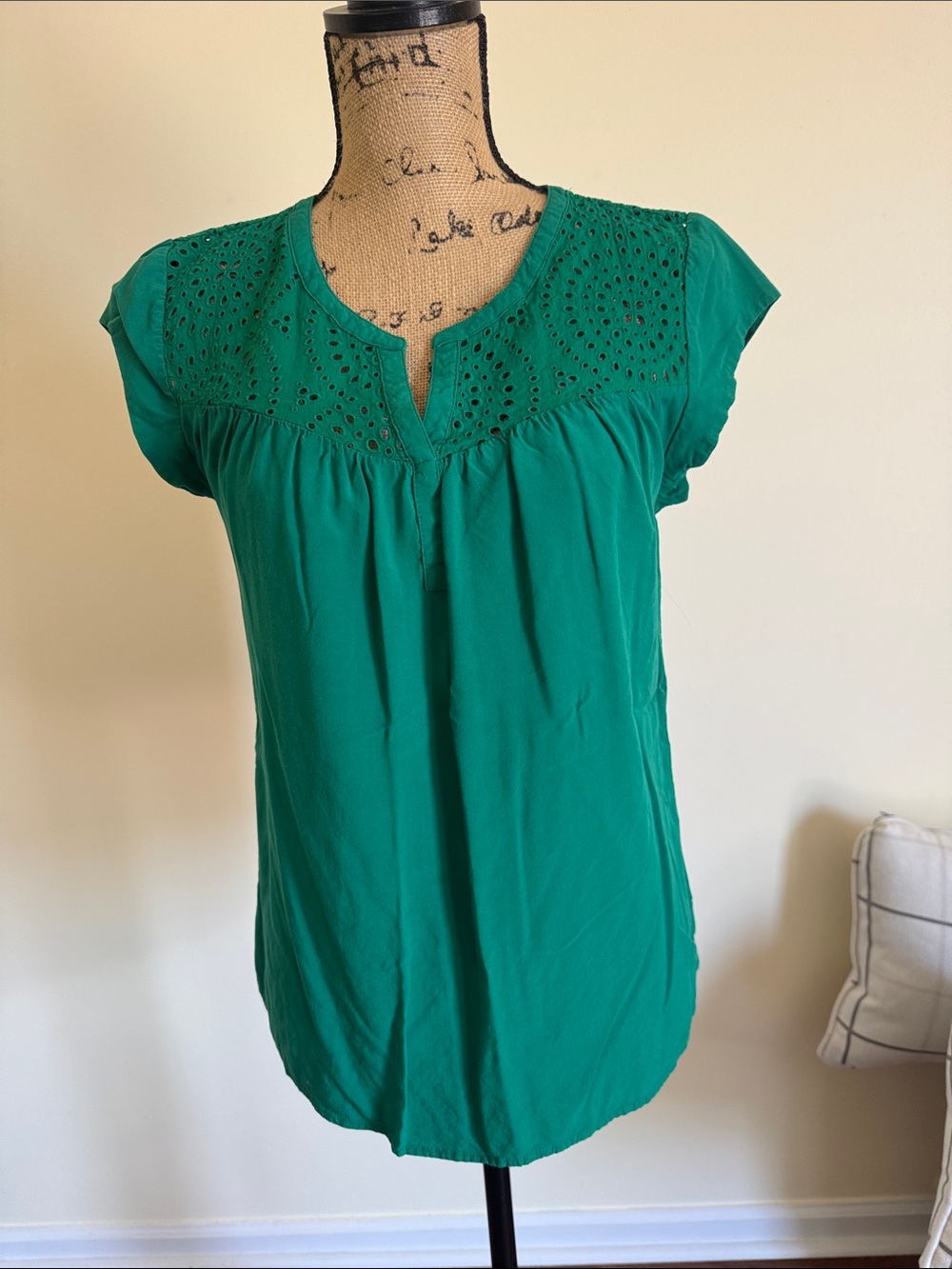 Emerald Eyelet Yoke Cap-Sleeve Blouse